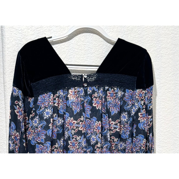 Sundance Blue Blouse Sz XS Fairy Top Sheer Floral Velvet Lace Trim Whimsigoth - Picture 2 of 8